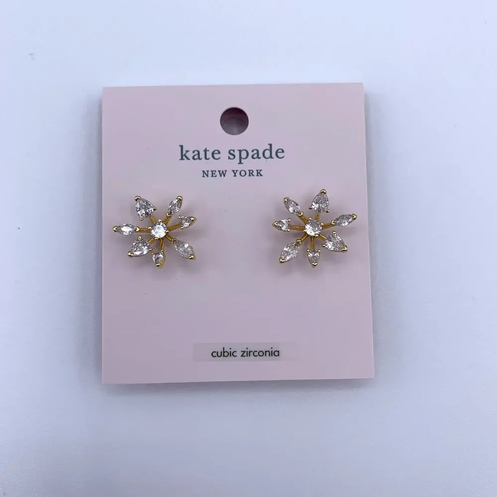 NWT KATE SPADE Snow Day Cubic Zirconia Gold Snowflake Stud Earrings - Picture 2 of 10